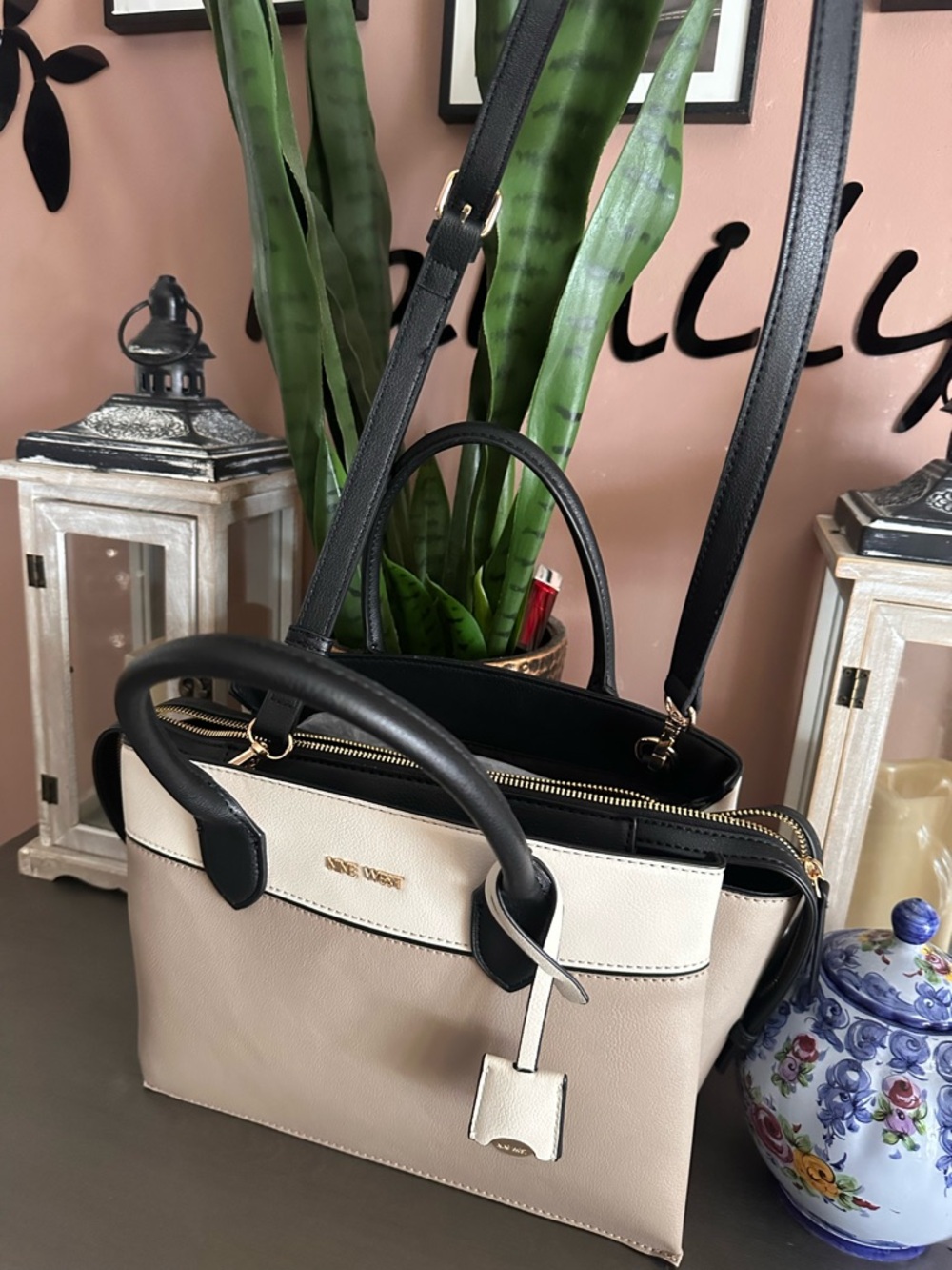 Nine West Beige, Cream & Black Colorblock Satchel